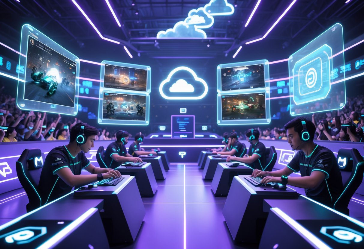 A futuristic gaming arena with players competing on holographic screens and a cheering crowd watching the tournament.