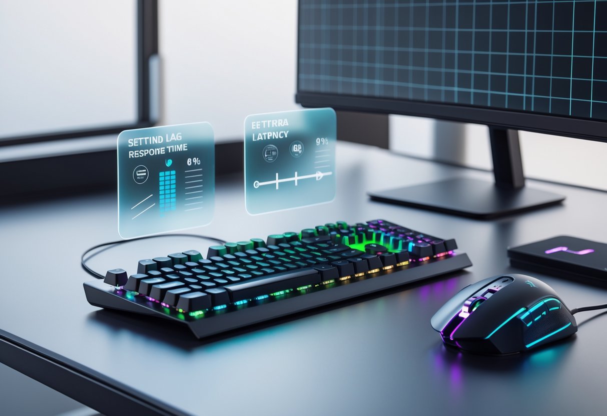 A computer setup showing a keyboard, mouse, and monitor with holographic settings panels representing input lag optimisation.