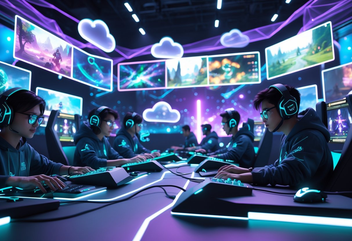 A 3D scene showing gamers competing in a futuristic cloud gaming arena with holographic displays and digital game visuals around them.