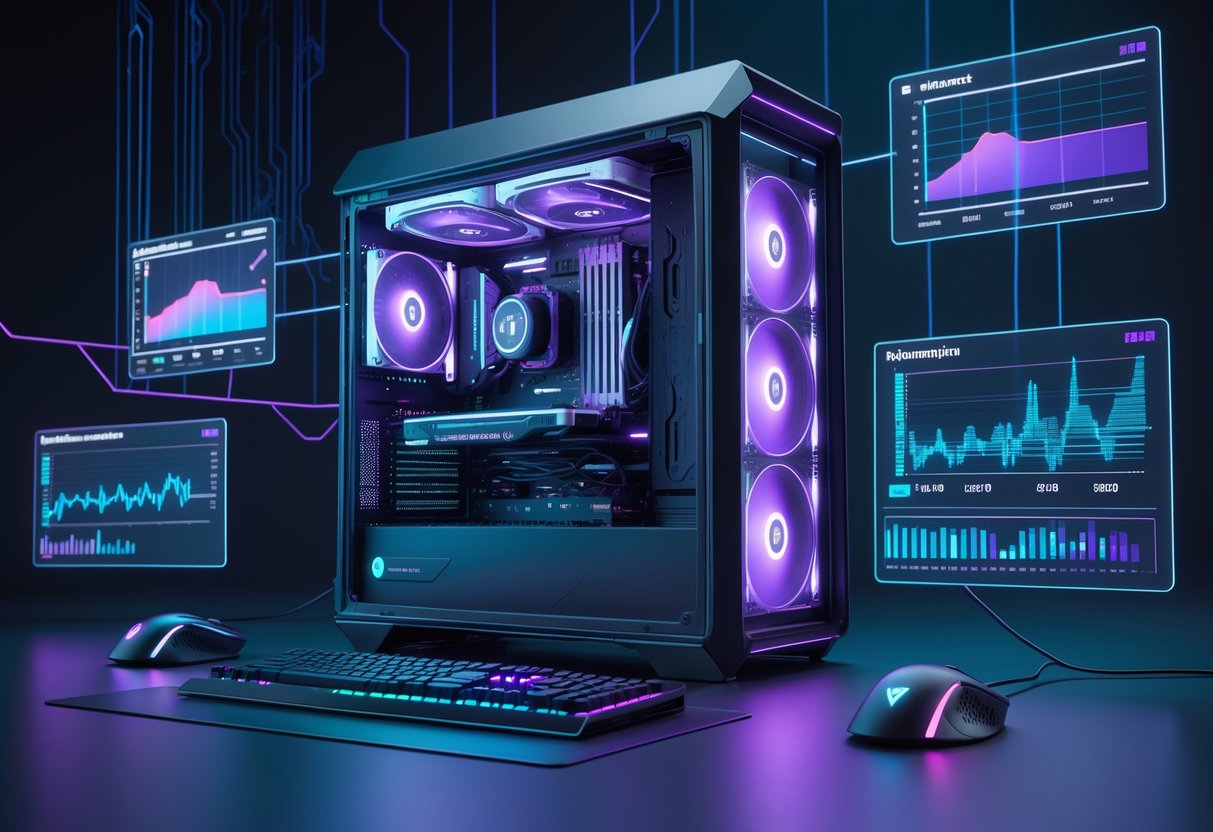 A futuristic gaming setup with a transparent PC, mechanical keyboard, gaming mouse, and floating holographic screens showing performance metrics in a dark room with blue and purple lighting.