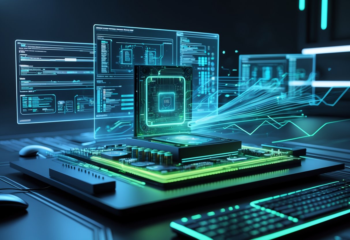 A 3D scene showing a computer motherboard and processor with glowing digital elements and holographic screens illustrating system updates and fast data flow.