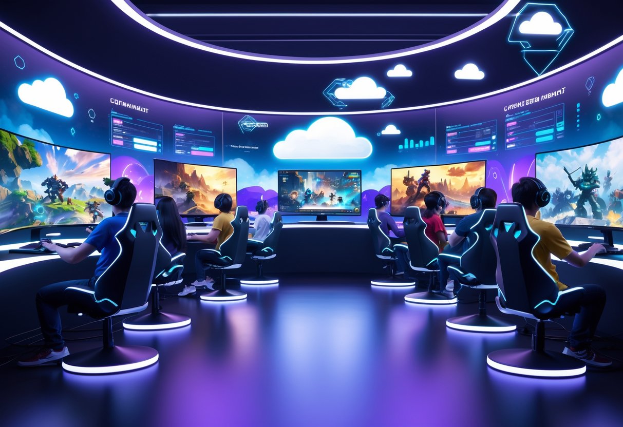 A group of gamers playing in a futuristic room with multiple screens showing game visuals and digital interfaces, surrounded by cloud and network-themed elements.