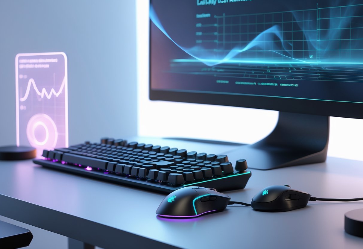 A computer desk with a mechanical keyboard and gaming mouse, showing effects that represent smooth and fast input response.