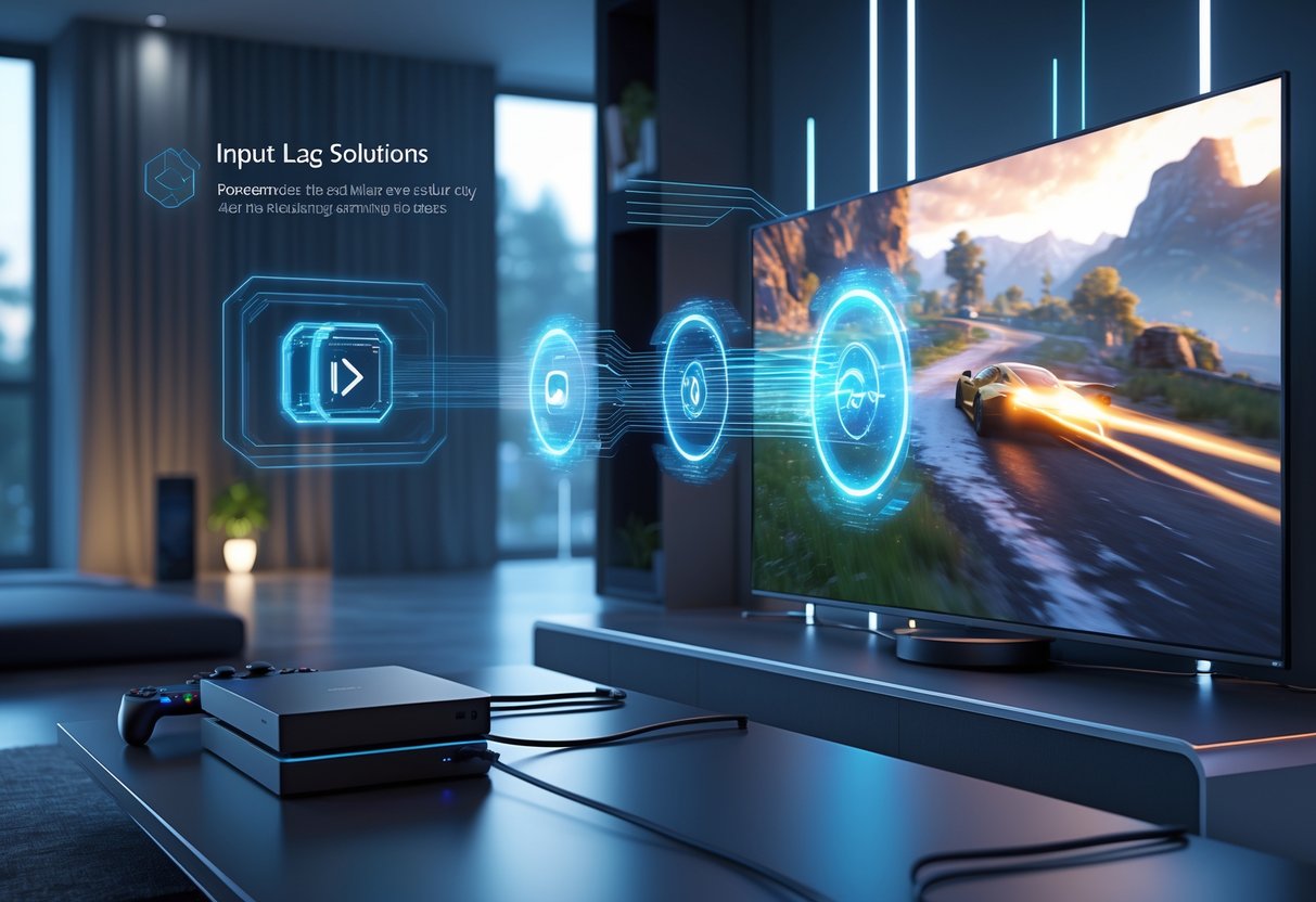 A modern living room showing a gaming console connected to a large TV with glowing digital signals illustrating fast, smooth data transfer and a vibrant game displayed on the screen.