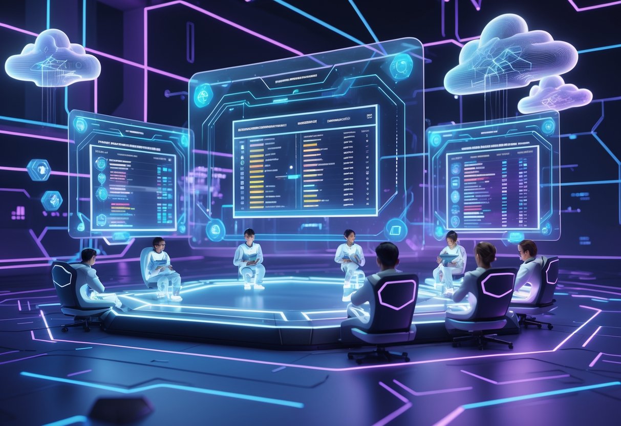 A futuristic digital arena showing holographic tournament brackets and glowing avatars connected to cloud servers with light beams, representing cloud gaming competition formats.