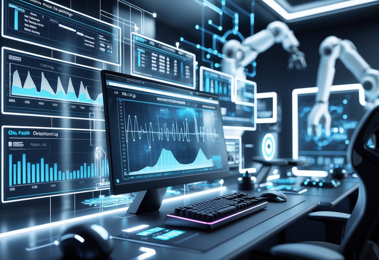 A futuristic control room with holographic screens showing performance data and robotic arms maintaining hardware to optimise input lag.