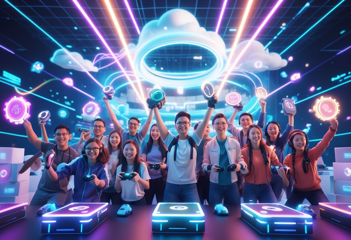 A group of gamers celebrating with trophies and prizes in a futuristic virtual gaming arena surrounded by glowing digital effects.
