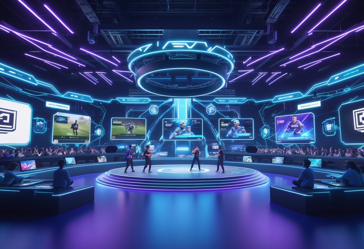 A futuristic esports arena with players competing on different devices and large holographic screens showing multiple games, surrounded by digital effects and a cheering virtual crowd.