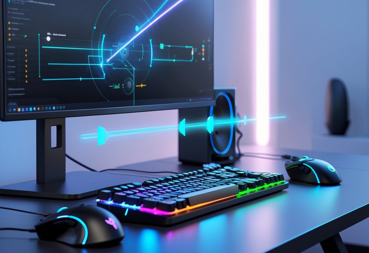A detailed scene of a gaming setup with a monitor, keyboard, and mouse connected by glowing lines symbolising reduced input lag.