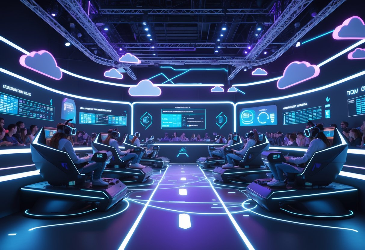 A futuristic gaming arena with players using VR headsets and holographic displays, surrounded by digital clouds and data streams, showing a competitive gaming event with an engaged audience.
