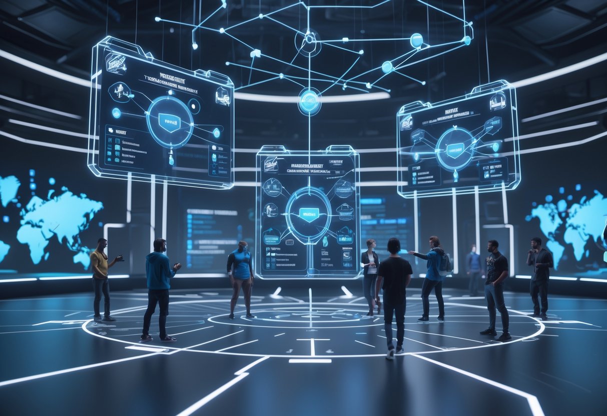 A futuristic esports arena with holographic displays showing tournament brackets and players from various gaming platforms interacting around them.