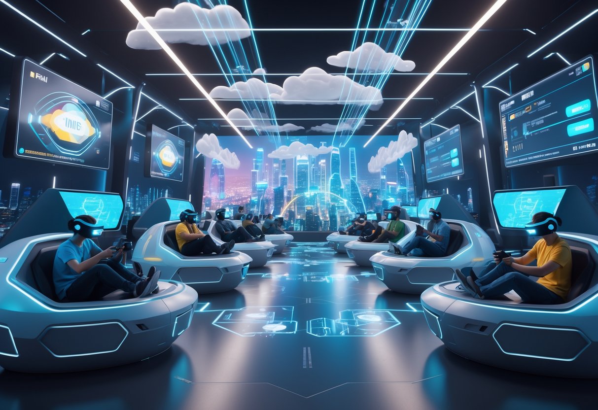 A futuristic gaming arena with players using VR headsets and holographic screens showing game action and stats, set against a glowing digital cityscape.