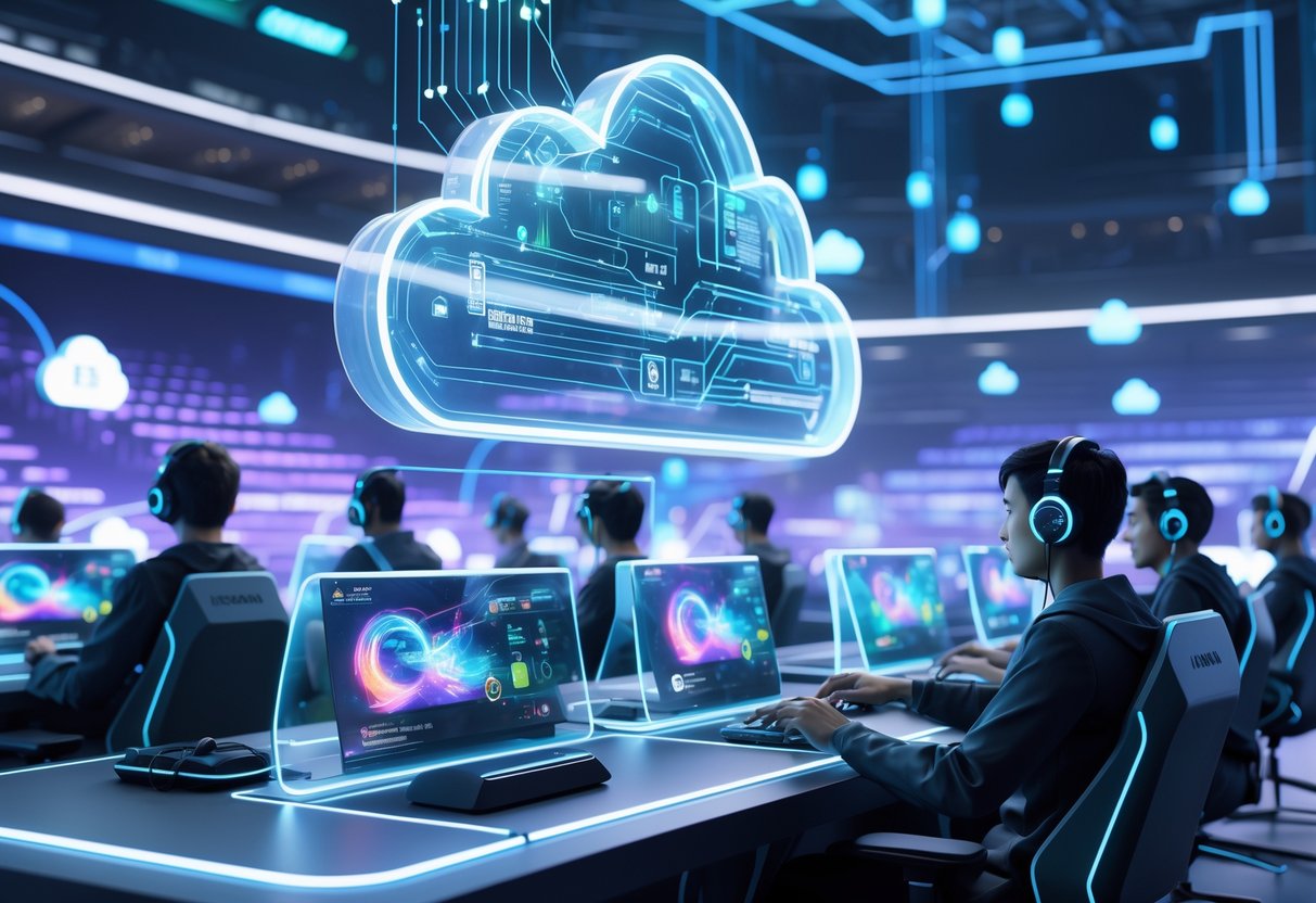 A futuristic gaming arena with players at gaming stations surrounded by holographic screens and glowing cloud-shaped digital effects representing cloud gaming competition.