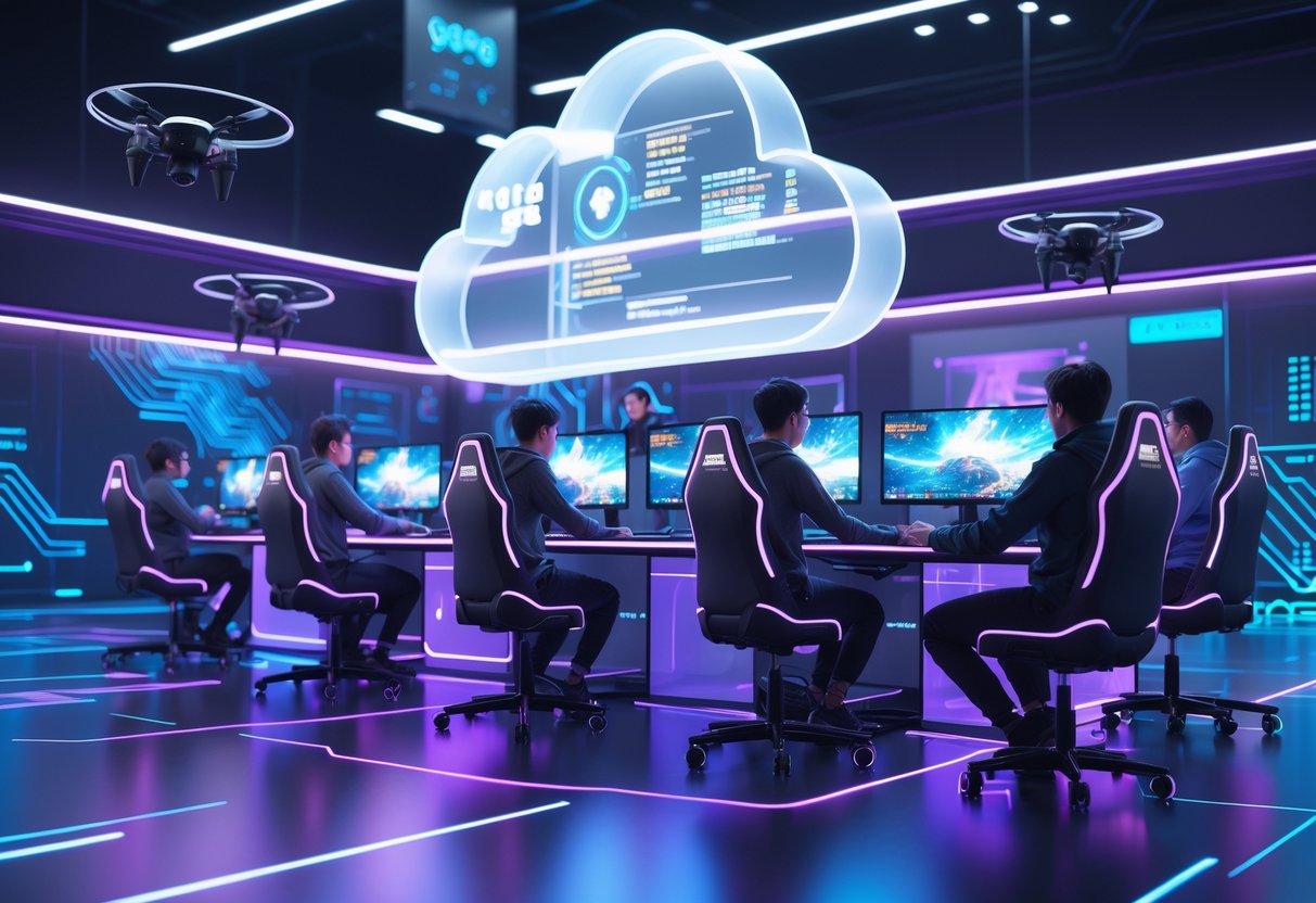 A futuristic gaming arena with players competing using advanced transparent screens and holographic displays under glowing cloud-shaped lights.