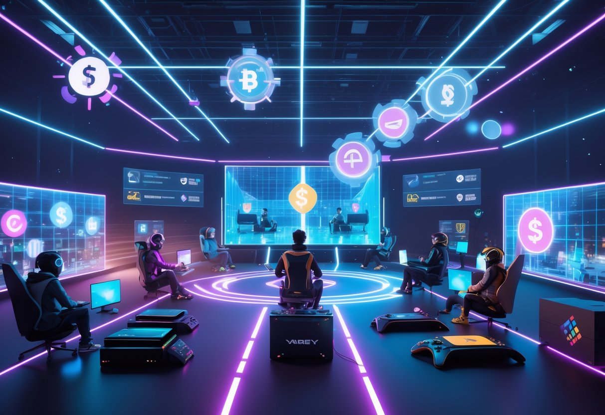 A 3D scene of a cross-platform esports tournament with players using various gaming devices connected by glowing lines and holographic icons representing money and sponsorships floating above.