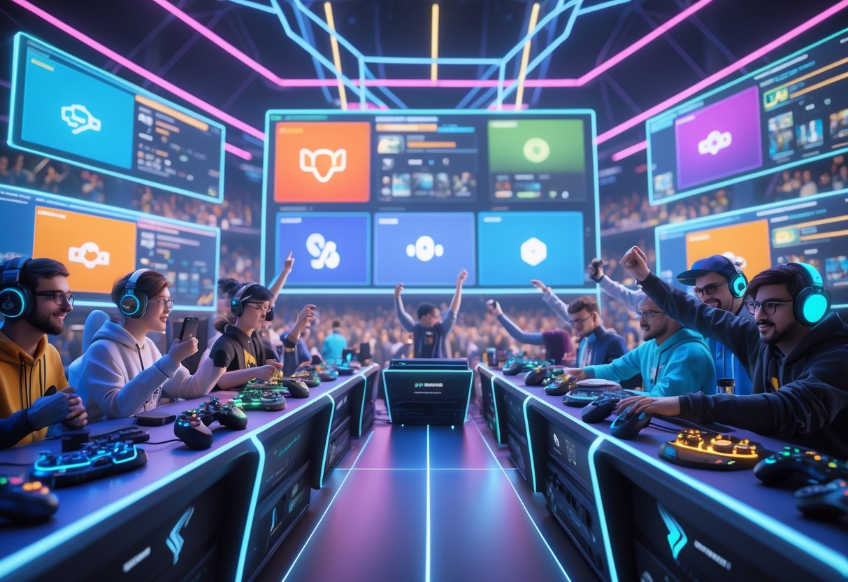 A group of diverse streamers and content creators playing games together in a large esports arena with multiple screens and digital effects showing different gaming platforms connected.
