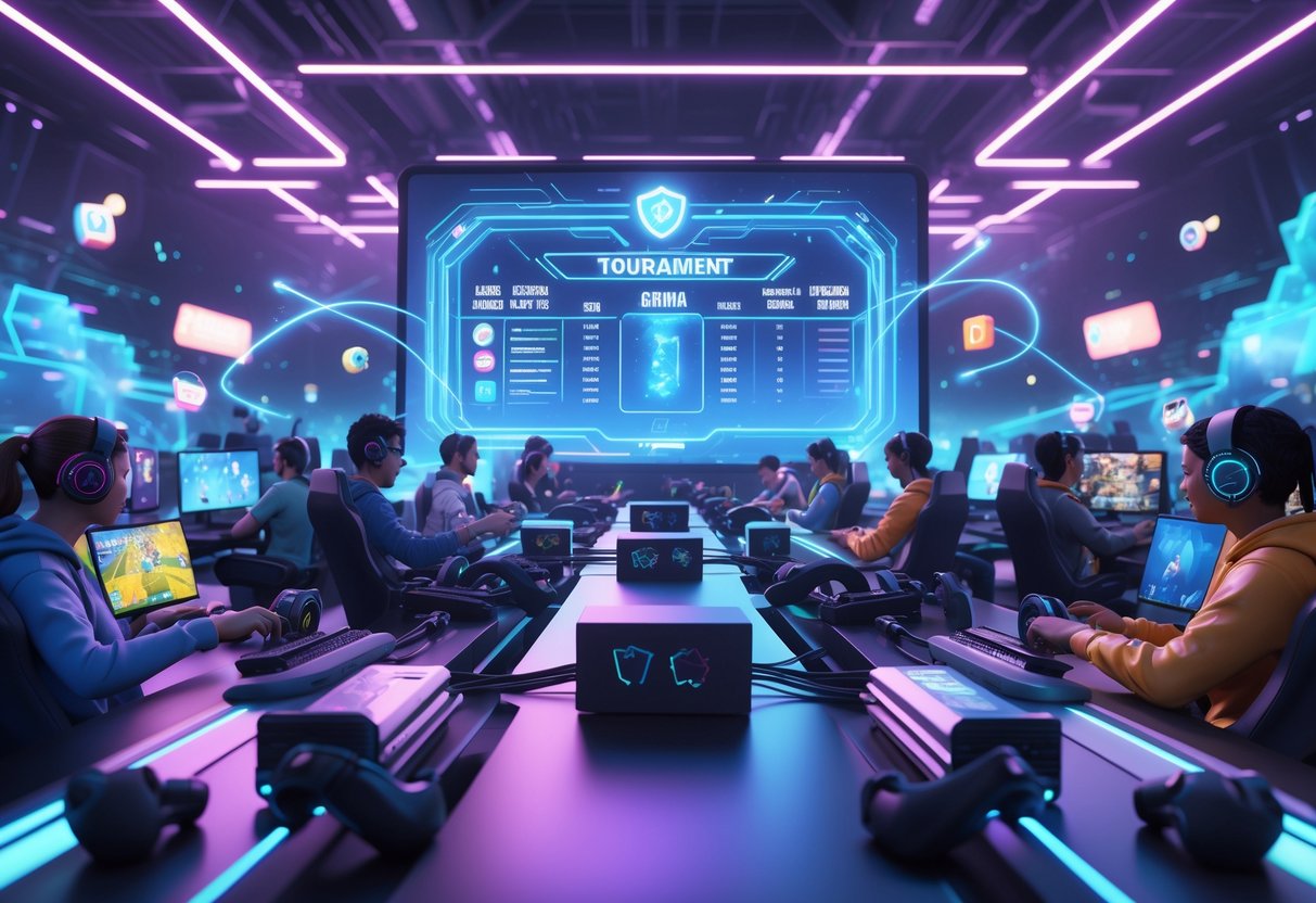 A scene showing diverse players competing in a gaming tournament using different devices connected together in a futuristic arena.