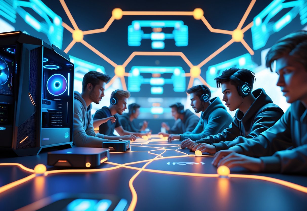 A 3D scene showing various gaming devices connected by glowing lines with players competing in a virtual tournament arena.