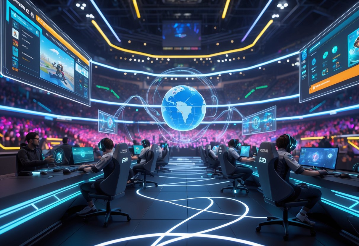 A futuristic esports arena with players at gaming stations connected by glowing digital streams and large holographic screens showing different games and live stats.