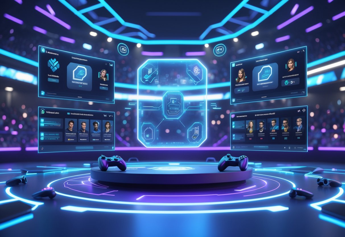 A digital tournament hub with diverse players interacting around holographic displays showing tournament brackets and leaderboards in a high-tech gaming arena.