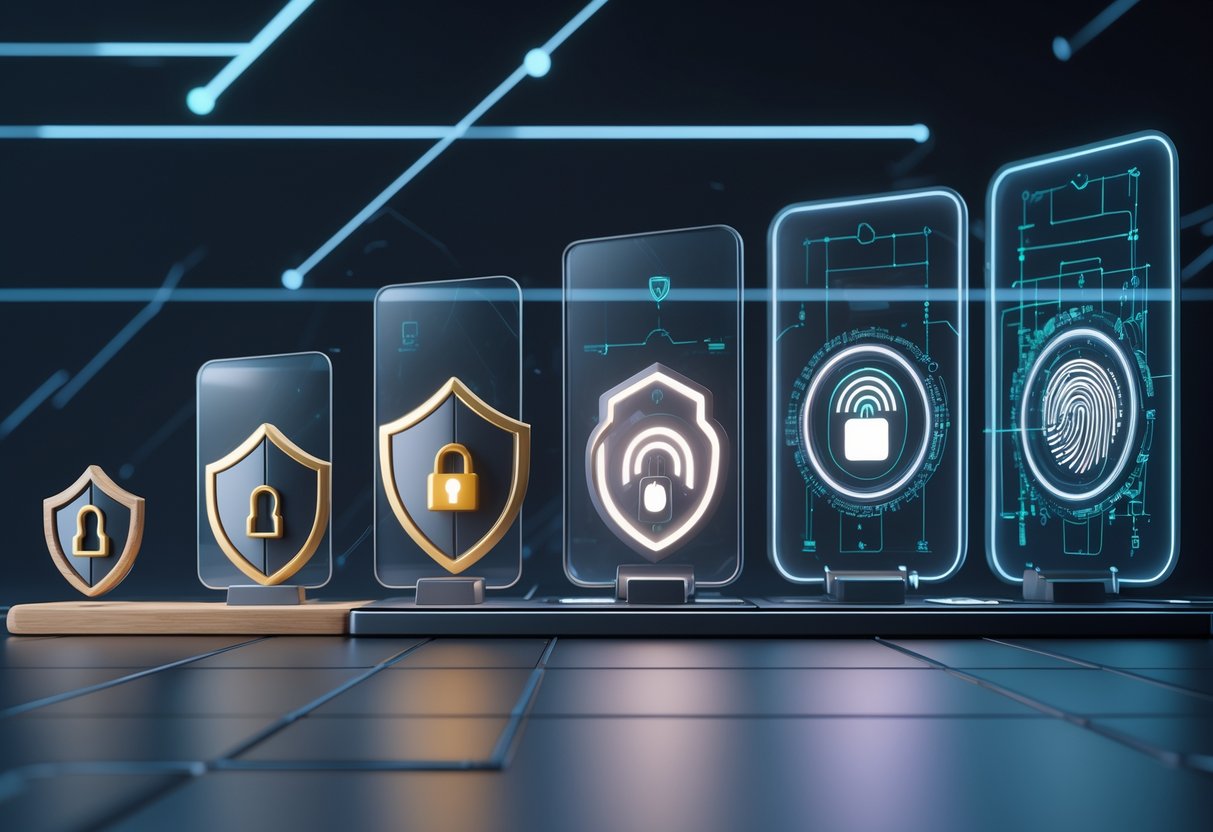A 3D scene showing the progression of anti-cheat systems from simple shields and locks to advanced digital shields and holographic security devices.