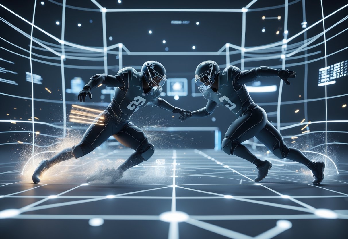 Two futuristic humanoid figures in a digital environment, one tackling the other with glowing effects highlighting their collision.