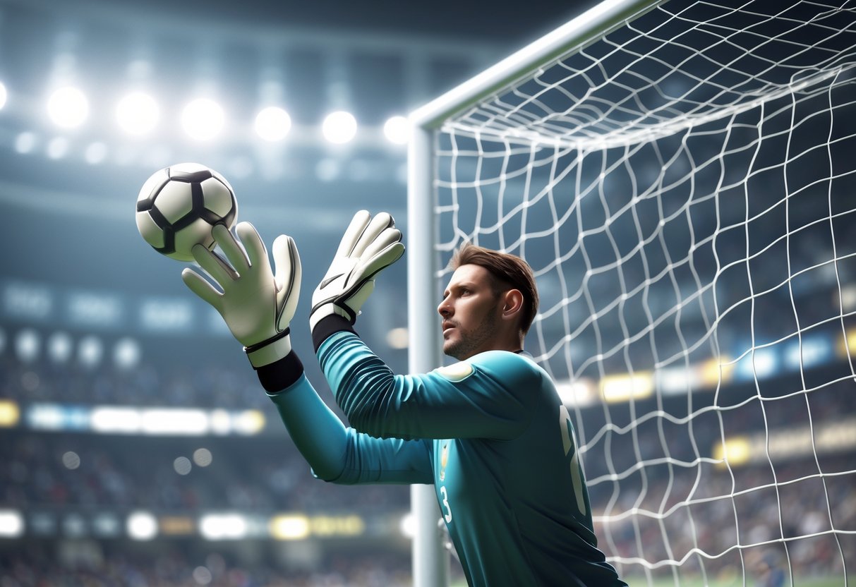A goalkeeper diving to save a football in front of a goal net in a stadium.