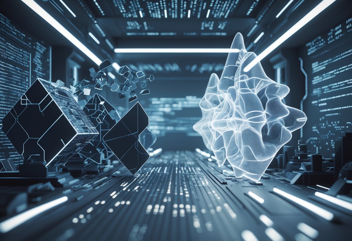 A digital scene showing dark fragmented shapes representing threats facing off against glowing adaptive shields and neural networks inside a futuristic cyberspace environment.