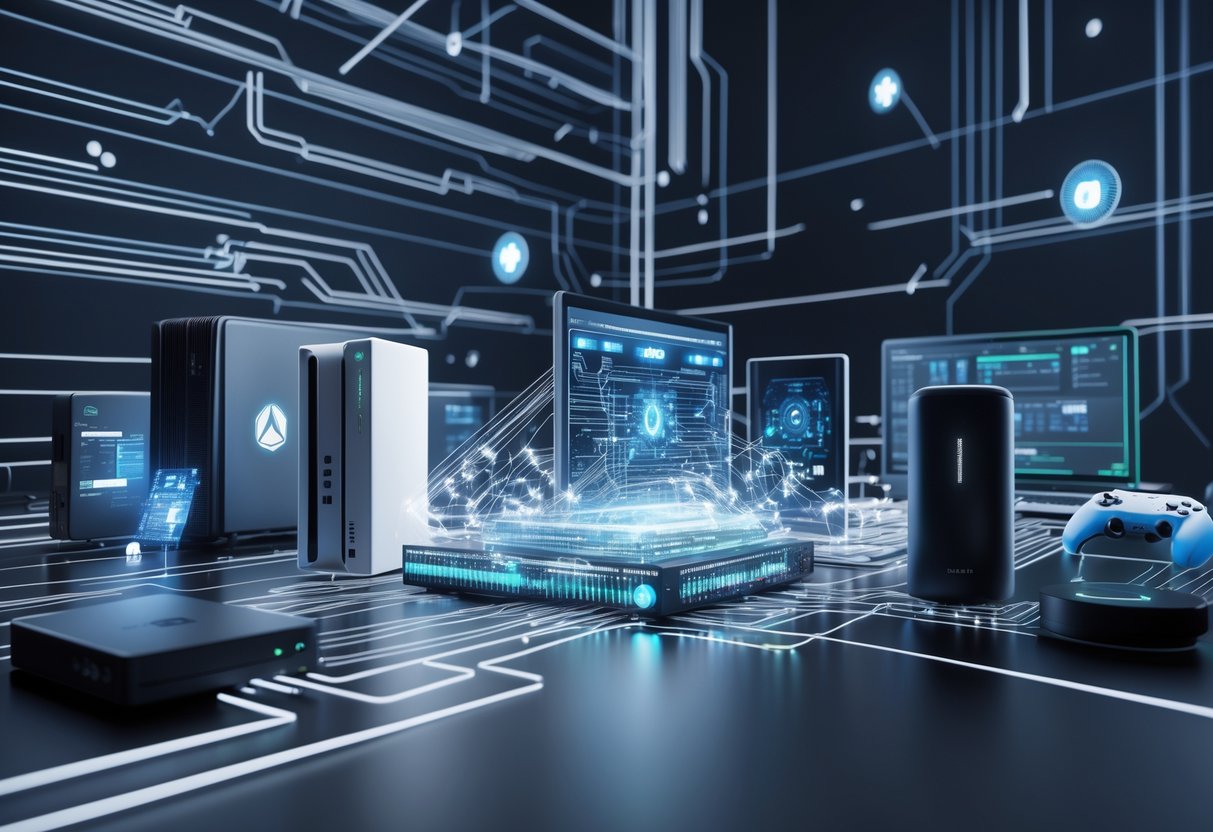 A 3D scene showing interconnected devices linked by glowing data streams in a digital network, representing advanced platform-specific netcode improvements.