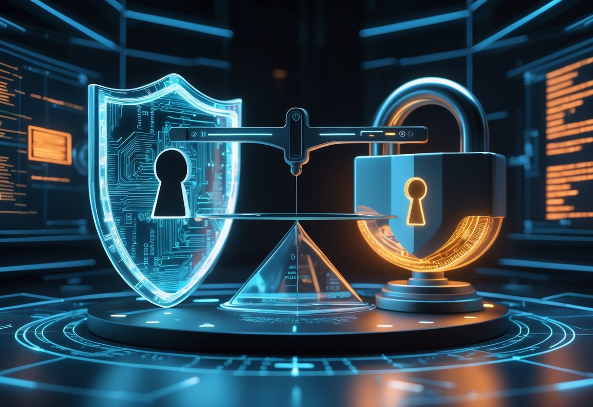 A digital scene showing a balance scale with a glowing shield on one side and a metallic lock on the other, surrounded by streams of data and holographic interfaces.