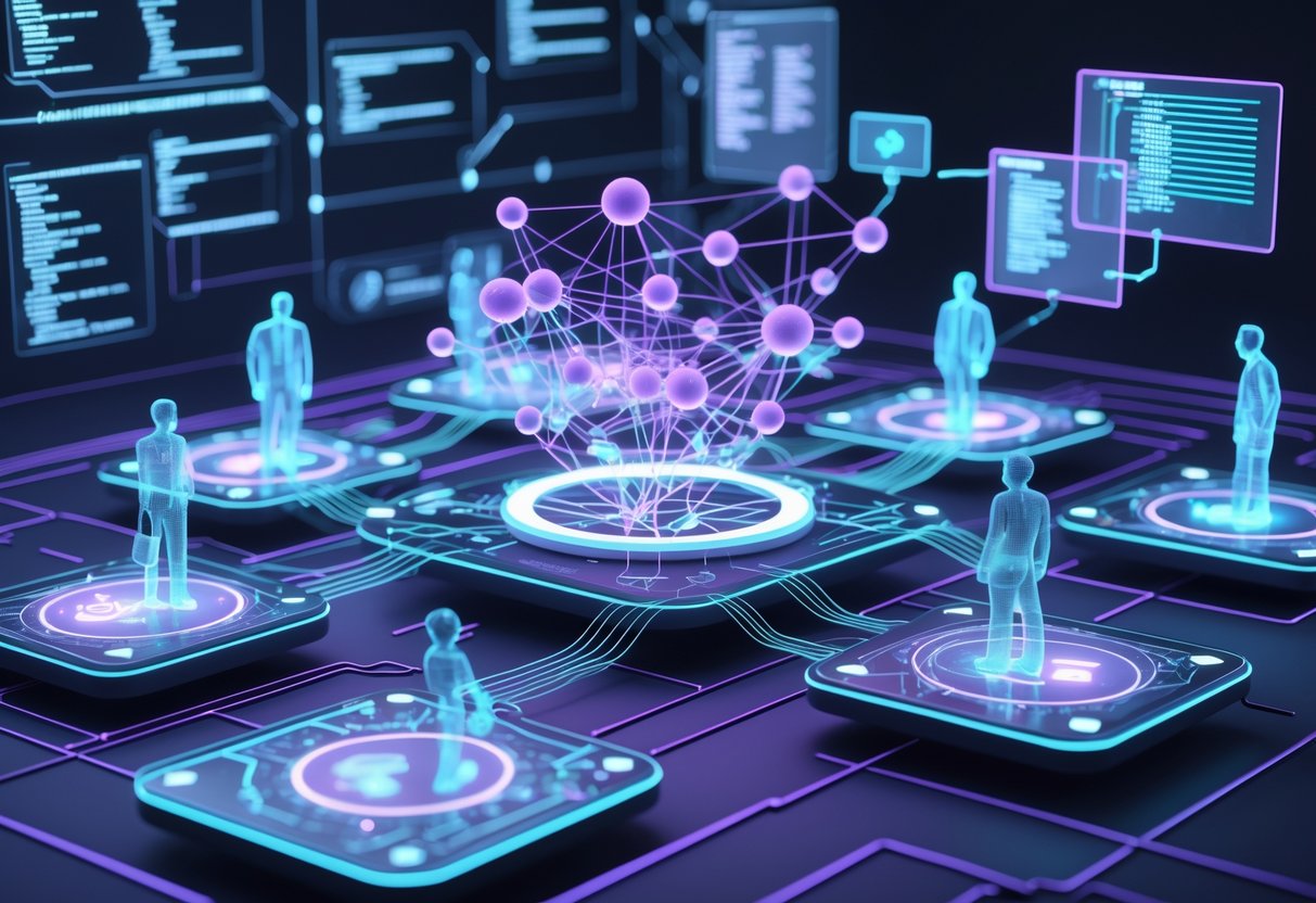 A digital network with glowing nodes connected by light trails and holographic human figures interacting with virtual interfaces.