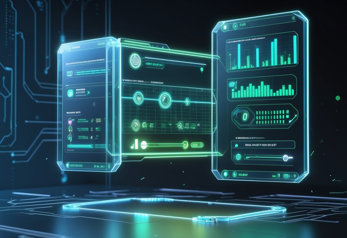 A futuristic 3D scene showing floating holographic gameplay menus and network status indicators with glowing blue and green lights over a dark digital background.