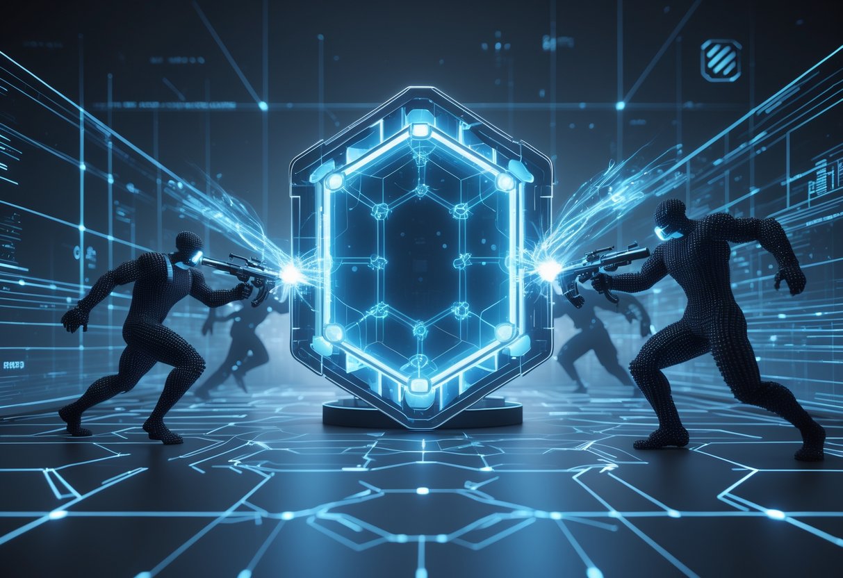 A futuristic digital scene showing a glowing protective shield surrounded by shadowy figures made of code trying to break through in a dark virtual space.