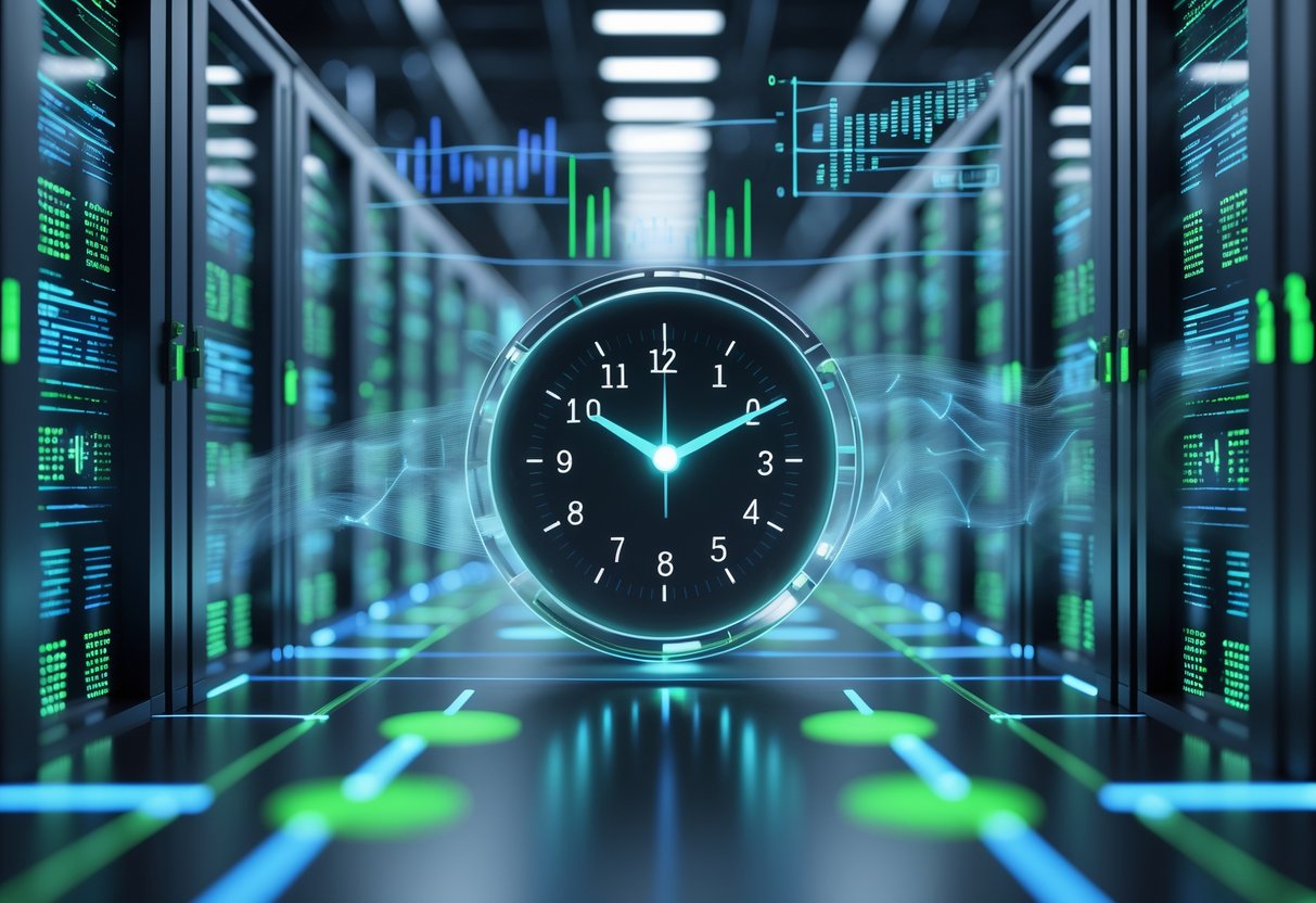 A 3D scene showing a futuristic server room with glowing server racks, a digital timer displaying fast-changing numbers, and flowing data streams representing real-time server processing.