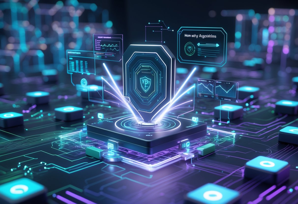 A futuristic digital scene showing a glowing AI core surrounded by circuits, data streams, and protective barriers representing advanced anti-cheat technology.