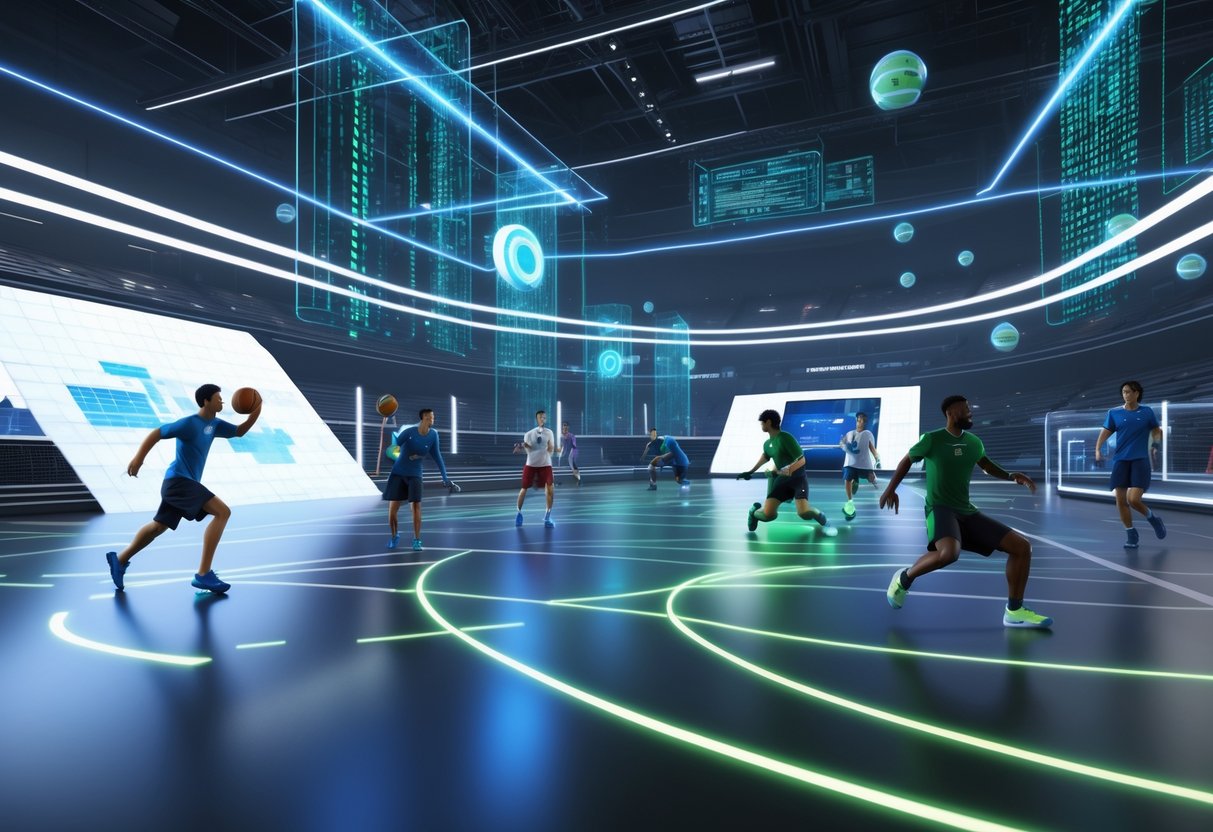A futuristic sports arena with athletes in motion connected by glowing digital data streams representing improved network performance.