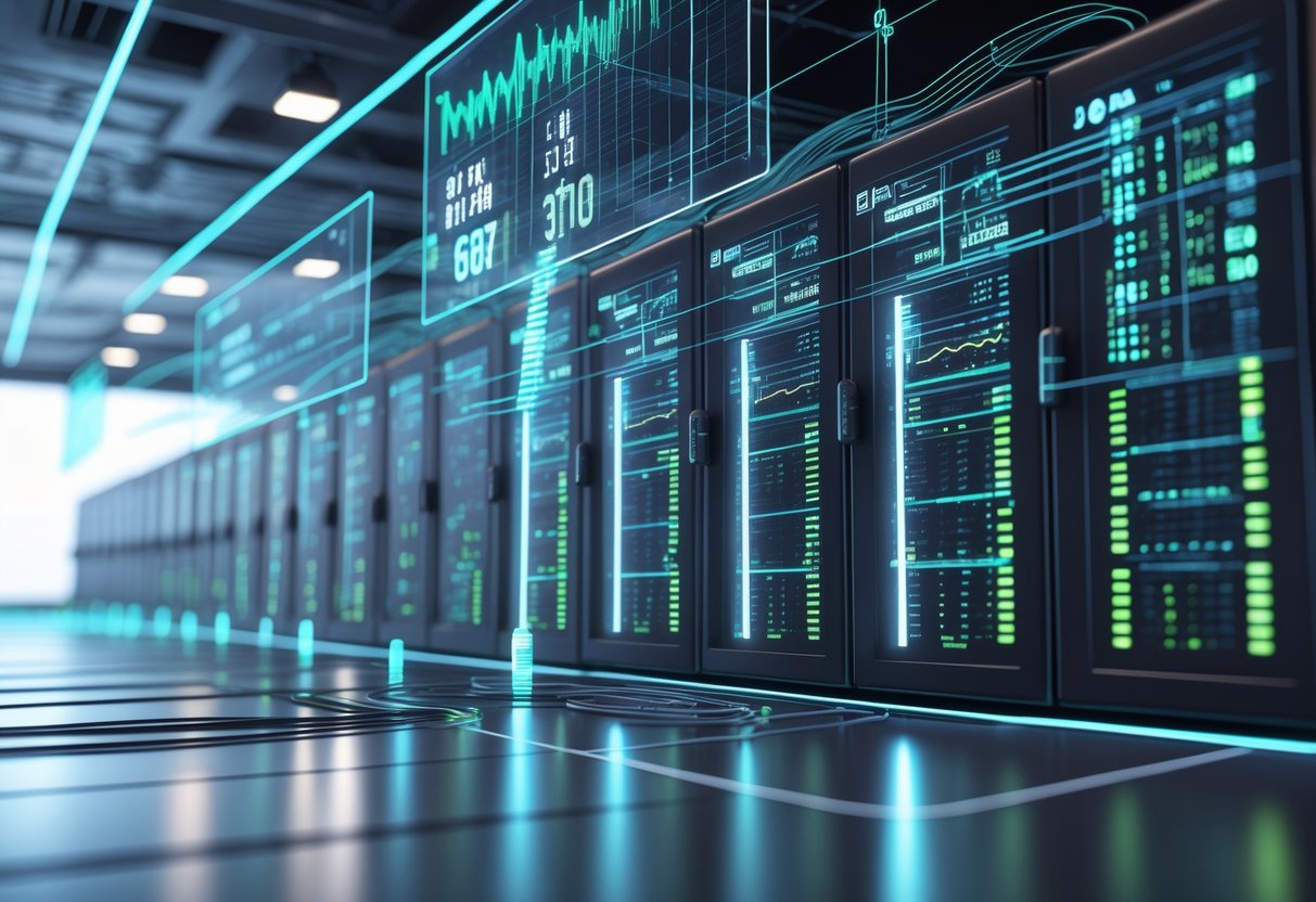 A 3D scene showing a futuristic server room with glowing servers and floating holographic displays illustrating data flow and timing mechanisms.