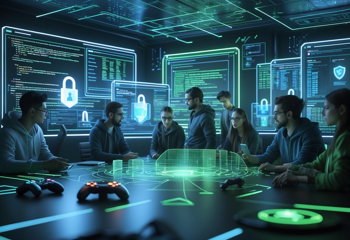 A group of people working together in a futuristic control room with holographic screens and digital security elements protecting a glowing virtual game world.