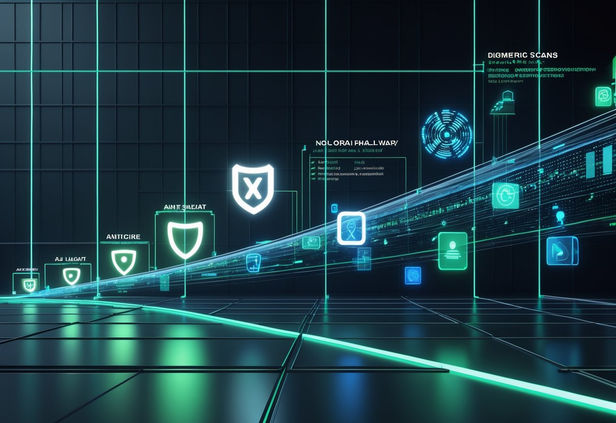 A 3D digital timeline showing the progression of anti-cheat technology with glowing shields, biometric scans, AI patterns, and encrypted data in a dark cyber environment.