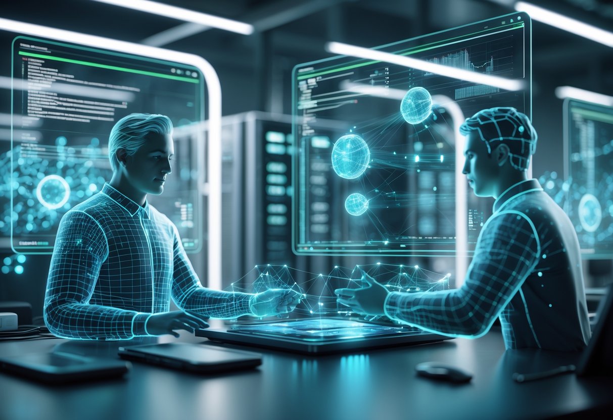 Two holographic figures working together with floating digital network diagrams and data in a modern tech lab.