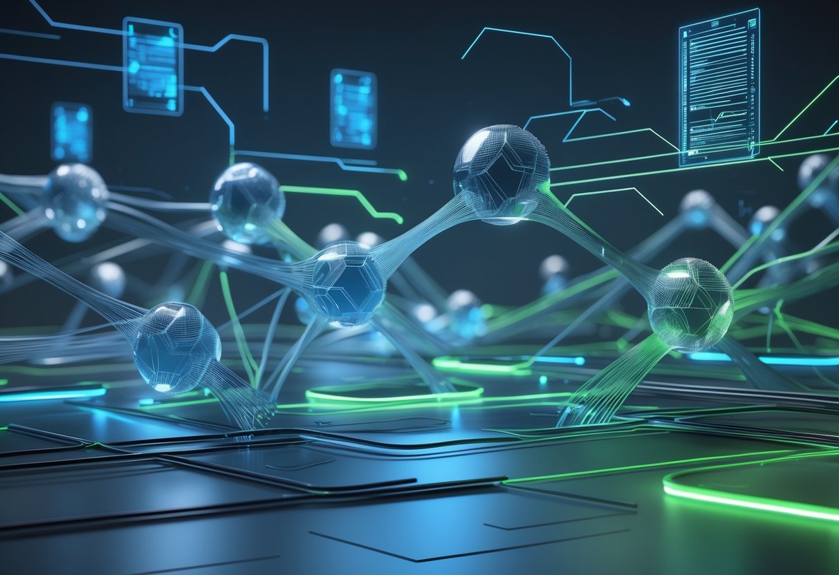 A 3D scene showing glowing interconnected nodes and flowing data streams representing an improved digital network.