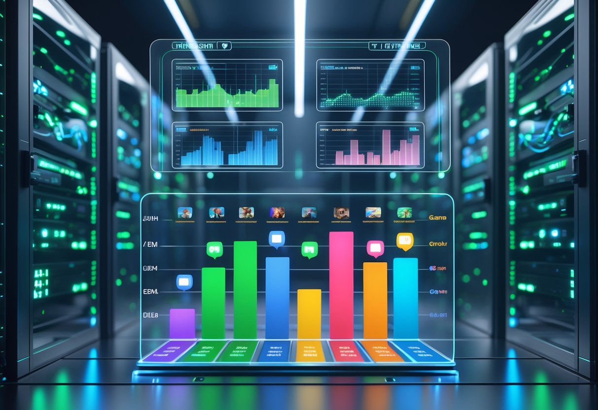 A futuristic server room with glowing server racks and holographic charts showing comparisons of tick rates for popular video games.