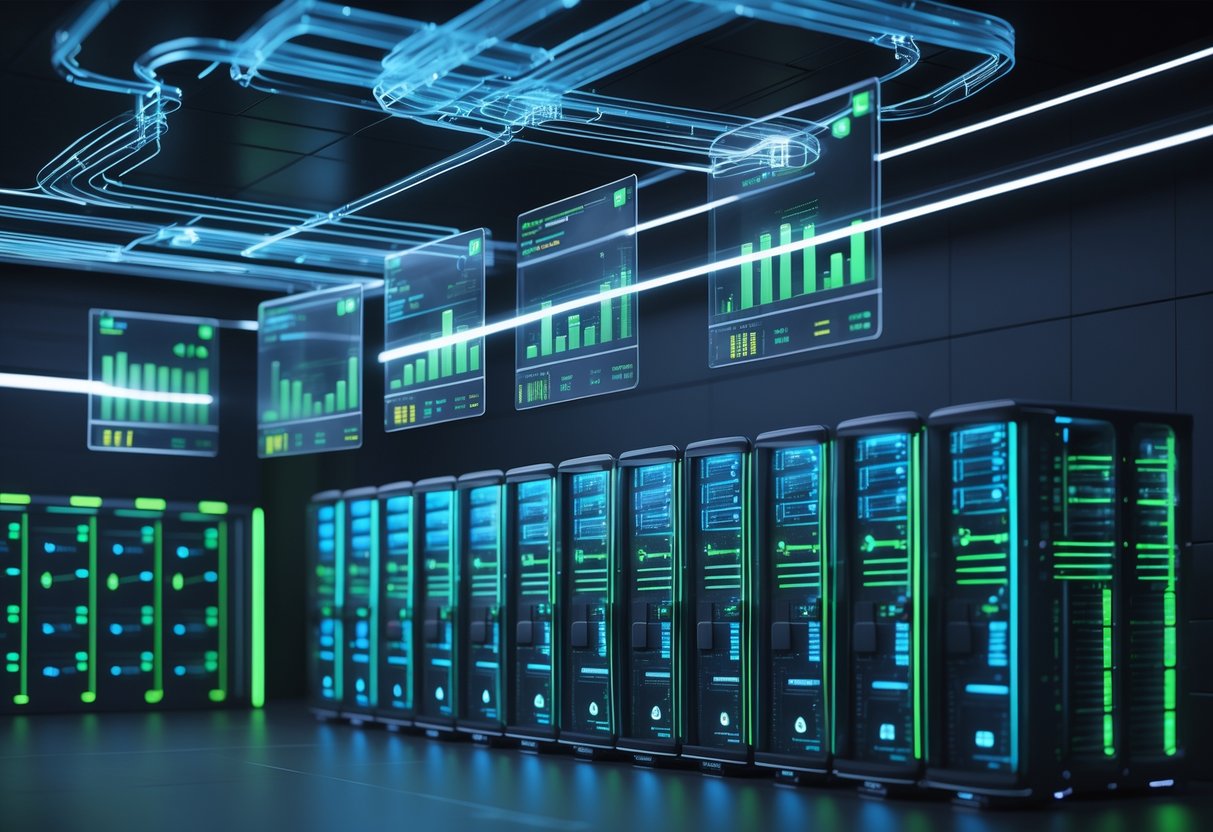 A 3D scene showing interconnected game servers with glowing lights and digital data streams representing server tick rates and scalability.