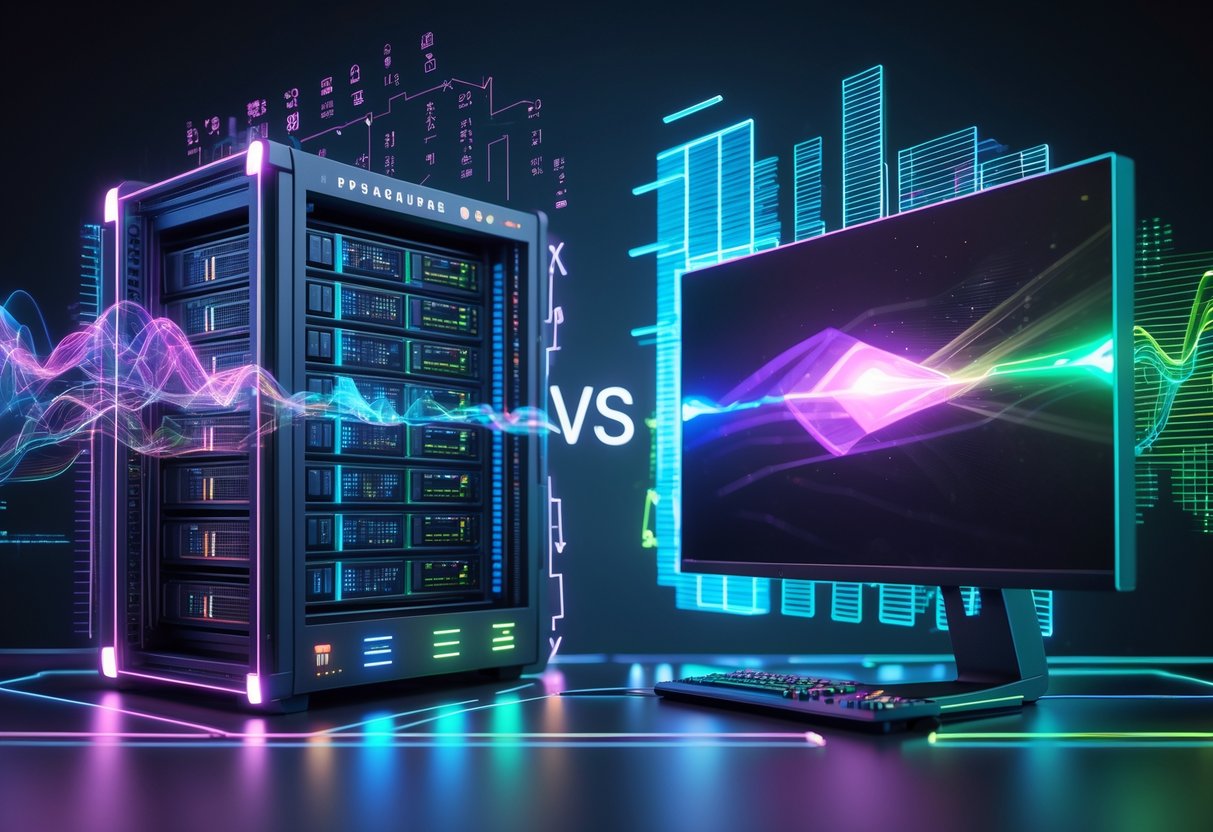 A 3D scene showing a server rack with glowing data streams on one side and a gaming monitor with smooth animations on the other, connected by flowing graphs comparing server tick rate and frame rate.