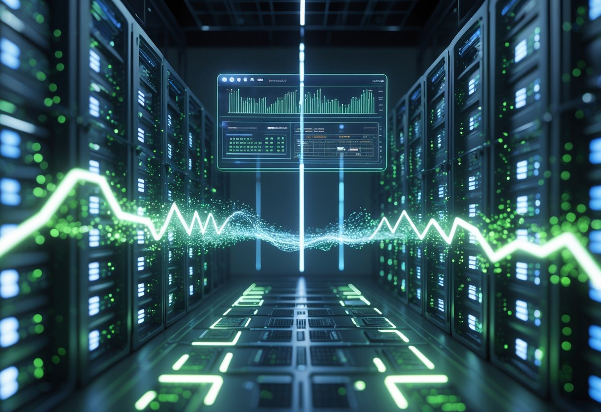 A futuristic server room with glowing server racks and holographic displays showing data streams and performance metrics.