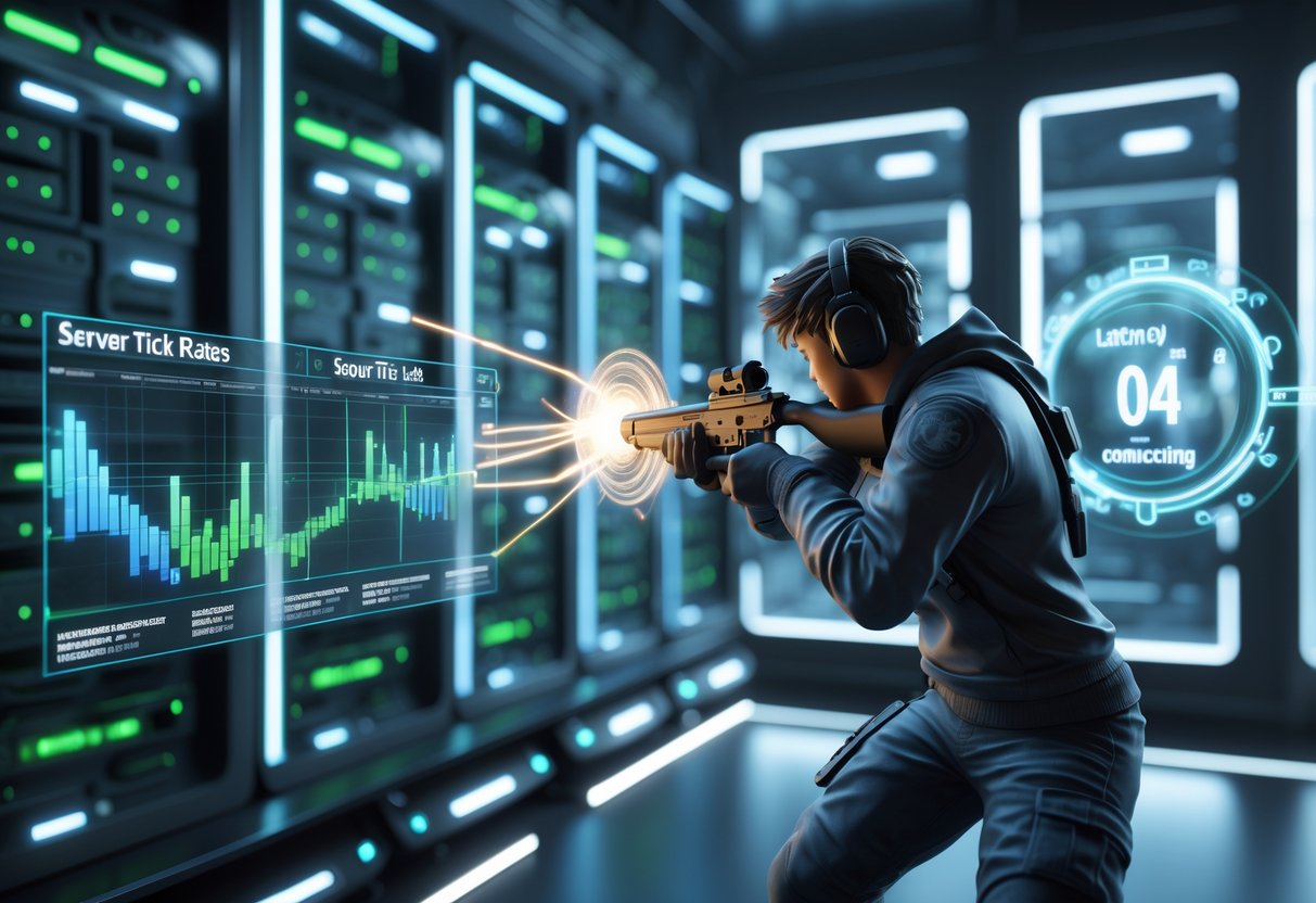 A 3D scene showing a futuristic server room with glowing server racks and a digital interface displaying data connected to a game character firing a weapon, illustrating server tick rates affecting hit registration in online gaming.