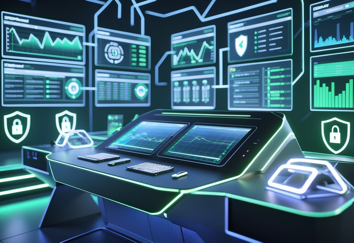 A 3D scene of a futuristic control room with holographic screens and a high-tech console displaying data and security symbols.