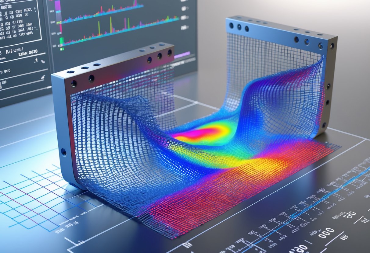 3D rendering of a metallic bracket showing areas of stress and deformation with coloured mesh overlays in a virtual simulation environment.