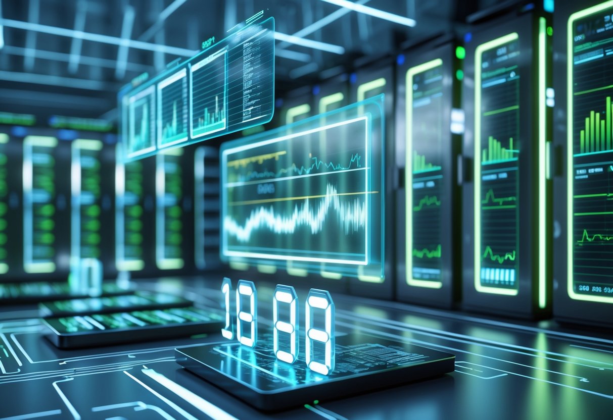 A 3D scene of a futuristic server room with glowing server racks, floating holographic charts, and a digital clock showing timing pulses.
