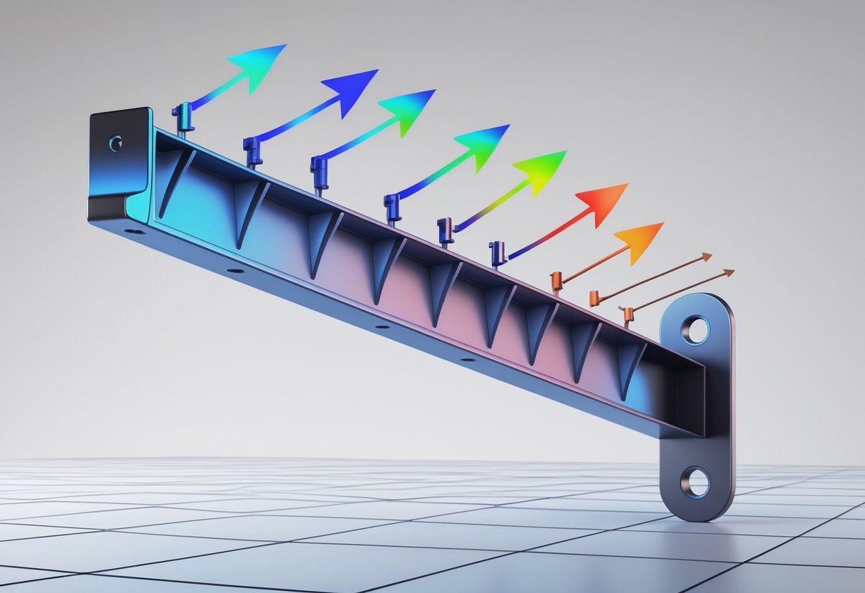 3D rendering of a metal bracket with coloured arrows showing distributed loads applied along one arm and colour-coded stress areas on the bracket.